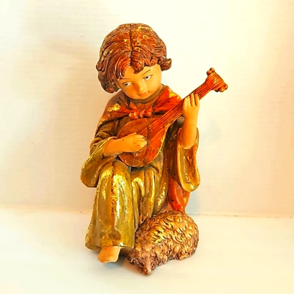 Vintage Gilded Shepard Boy and Sheep Resin Figurine